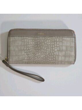 Fossil Croc Embossed Leather Trim Zip Around Wristlet Wallet Gray Taupe SWL3015